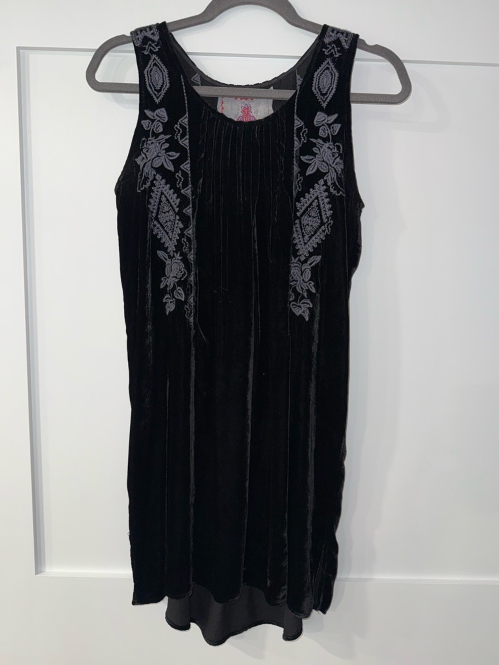 Johnny Was Black Velvet Mini Dress with Gray Embroidery